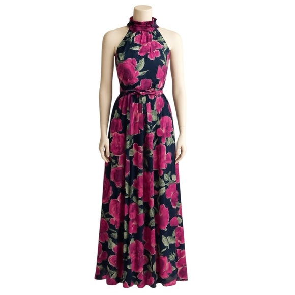 ENFOCUS Studio floral pink navy sheer mesh with liner maxi dress women’s size 12 - Picture 1 of 10